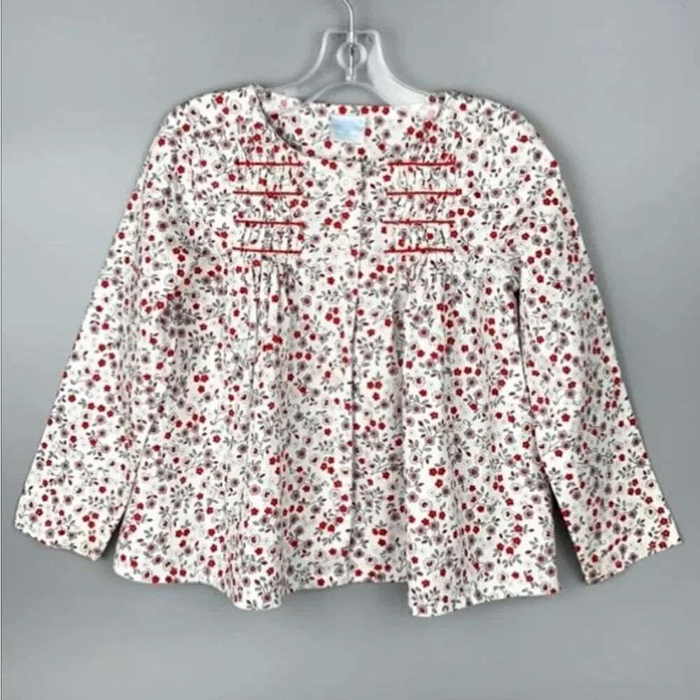 EdgeHill Collection Girl's Floral Blouse Top Red White Smocked Front Cotton 3T